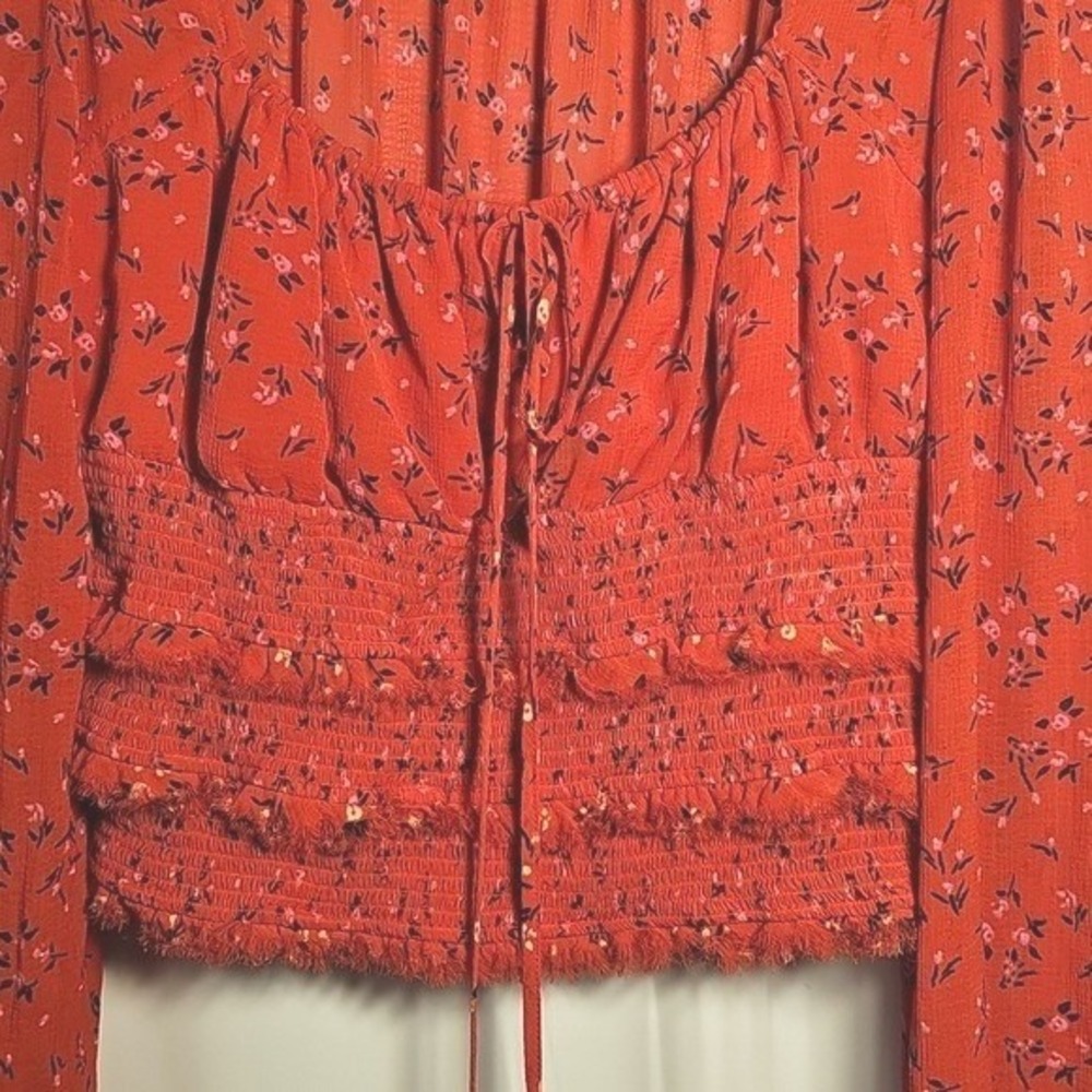 Free People Womens Tied Square Keyhole Neckline Red Floral Polyester Blouse M - Picture 2 of 8